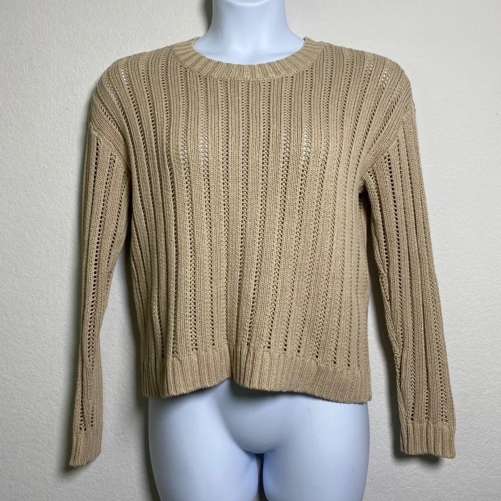 Cyrus‎ Tan Open Knit Sweater Medium Coastal Grandma Minimalist Neutral Casual